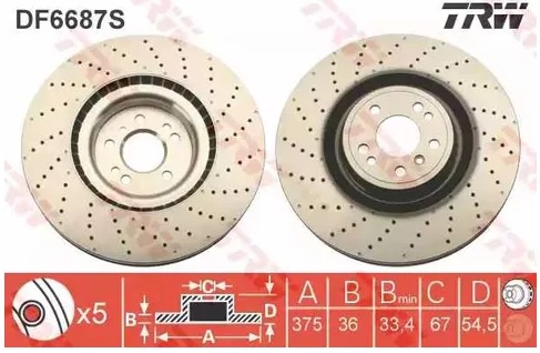 Диск тормозной передний MERCEDES ML TRW DF 6687S, D=375 мм