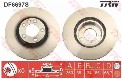 Диск тормозной передний Porsche Cayenne, VW Touareg TRW DF 6697S, D=360 мм