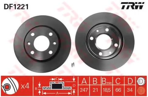 Диск тормозной передний CITROEN TRW DF 1221, D=247 мм