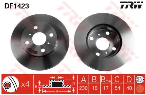 Диск тормозной передний Toyota Corolla TRW DF 1423, D=238 мм