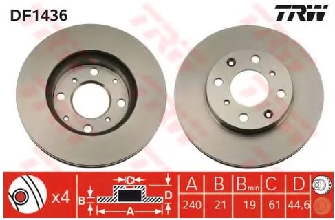 Диск тормозной передний HONDA Brio, Civic TRW DF 1436, D=240 мм