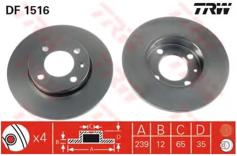 Диск тормозной передний AUDI, SEAT, VOLKSWAGEN TRW DF 1516, D=239 мм