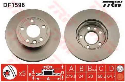 Диск тормозной передний VW KOMBI T2, Transporter IV TRW DF 1596, D=280 мм