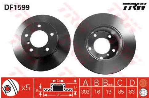 Диск тормозной передний Mercedes G-CLASS TRW DF 1599, D=303 мм