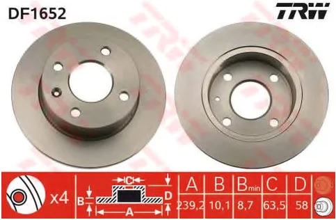 Диск тормозной передний Ford Escort TRW DF 1652, D=239 мм