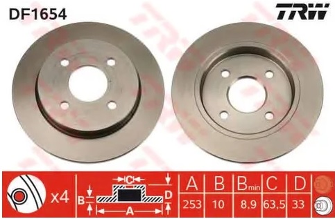 Диск тормозной передний Ford Fiesta V, VI, Focus, Scorpio I, II, Sierra TRW DF 1654, D=253 мм