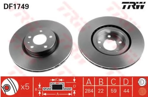 Диск тормозной передний ALFA ROMEO, FIAT, OPEL TRW DF 1749, D=284 мм