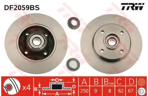 Диск тормозной задний CITROEN, OPEL, PEUGEOT TRW DF 2059BS, D=250 мм