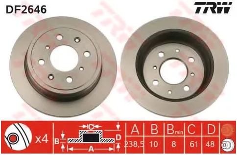Диск тормозной задний HONDA TRW DF 2646, D=239 мм