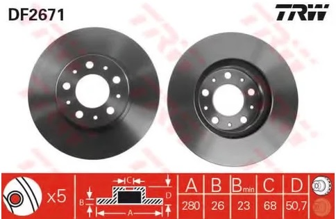 Диск тормозной передний VOLVO 850, S70 TRW DF 2671, D=280 мм