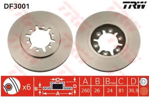 Диск тормозной передний NISSAN NP300, Pathfinder, Pick Up, Urvan TRW DF 3001, D=260 мм