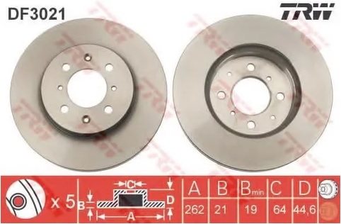 Диск тормозной передний HONDA CIVIC TRW DF 3021, D=262 мм