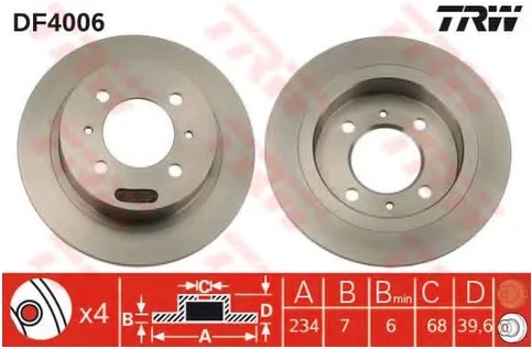 Диск тормозной задний Nissan 100NX, Almera, Sunny TRW DF 4006, D=234 мм