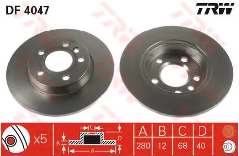 Диск тормозной задний VW KOMBI, Sharan, Transporter TRW DF 4047, D=280 мм
