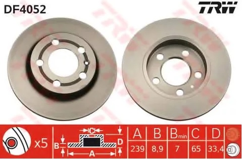 Диск тормозной задний Audi A3, TT, Skoda Octavia, VW Bora, Golf TRW DF 4052, D=239 мм