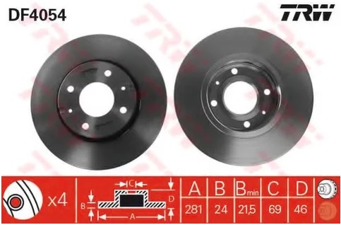 Диск тормозной передний Mitsubishi Carisma, Volvo S40, V40 TRW DF 4054, D=281 мм