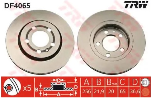 Диск тормозной задний AUDI A3, TT, SKODA OCTAVIA, VW BORA, GOLF TRW DF 4065, D=256 мм