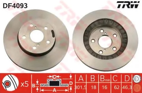 Диск тормозной передний Toyota RAV 4 TRW DF 4093, D=301.5 мм