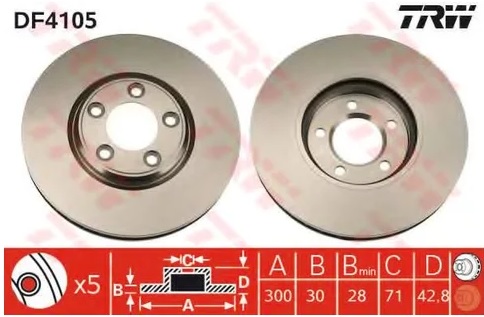 Диск тормозной передний Jaguar S-Type TRW DF 4105, D=300 мм