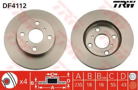 Диск тормозной передний Toyota Echo, Platz, Vios, Yaris TRW DF 4112, D=235 мм