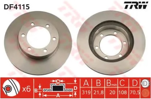 Диск тормозной передний Toyota 4Runner, Hilux, Land Cruiser TRW DF 4115, D=319 мм