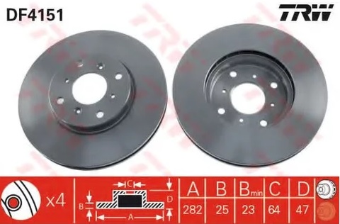 Диск тормозной передний Honda Accord TRW DF 4151, D=282 мм