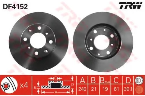 Диск тормозной передний Honda City, Jazz, Logo TRW DF 4152, D=240 мм