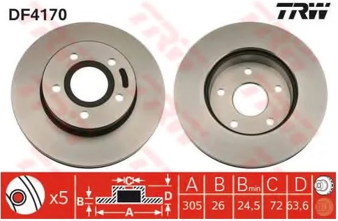 Диск тормозной передний Jeep Cherokee, Grand Cherokee TRW DF 4170, D=305 мм