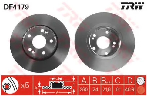 Диск тормозной передний Renault Laguna TRW DF 4179, D=280 мм