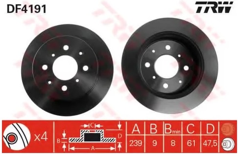 Диск тормозной задний HONDA CIVIC TRW DF 4191, D=239 мм