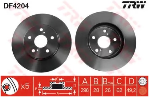 Диск тормозной передний TOYOTA CAMRY TRW DF 4204, D=296 мм