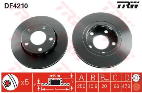 Диск тормозной задний Audi A4, VW Passat TRW DF 4210, D=256 мм