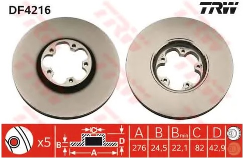 Диск тормозной передний Ford TRANSIT TRW DF 4216, D=276 мм