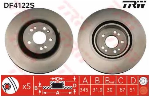 Диск тормозной передний Mercedes M-CLASS TRW DF 4222S, D=345 мм