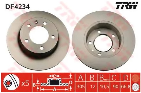 Диск тормозной задний OPEL MOVANO, RENAULT MASTER, NISSAN INTERSTAR TRW DF 4234, D=305 мм