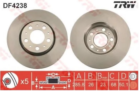 Диск тормозной передний Volvo S60, S80, V70, XC70 TRW DF 4238, D=285.5 мм