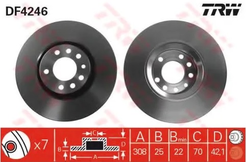 Диск тормозной передний OPEL TRW DF 4246, D=308 мм