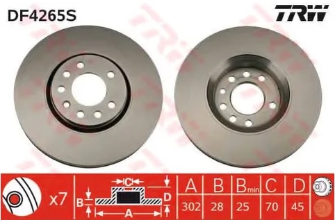 Диск тормозной передний OPEL VECTRA C, SIGNUM TRW DF 4265S, D=302 мм