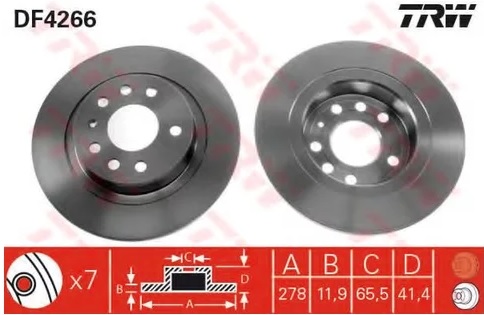 Диск тормозной задний Opel Vectra TRW DF 4266, D=278 мм