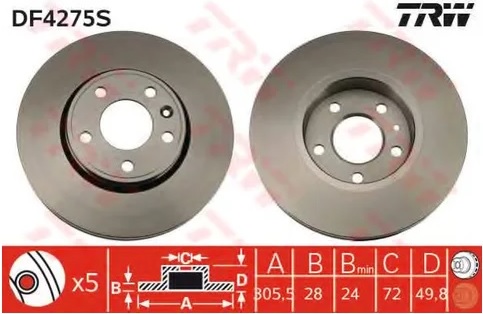 Диск тормозной передний Nissan Primastar, Opel Vivaro, Renault Trafic TRW DF 4275S, D=305.5 мм