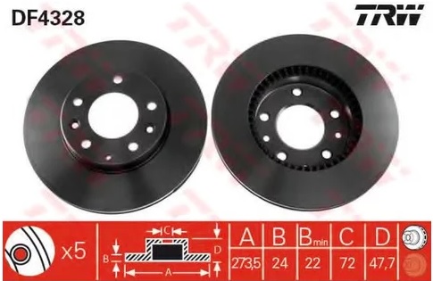 Диск тормозной передний Mazda 323, 6, 626, Premacy TRW DF 4328, D=273.5 мм