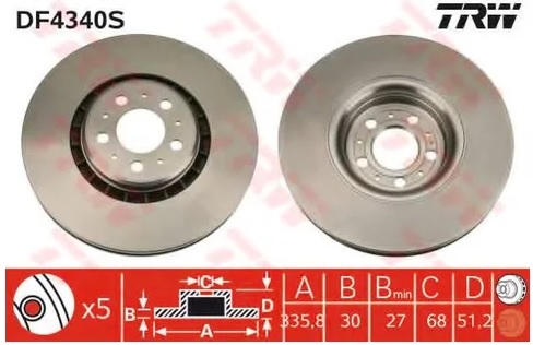 Диск тормозной передний Volvo XC90 TRW DF 4340S, D=336 мм