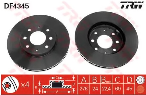 Диск тормозной передний Mitsubishi Galant TRW DF 4345, D=276 мм 