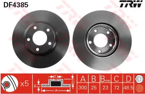 Диск тормозной передний Mazda 3, 5, Biante TRW DF 4385, D=300 мм