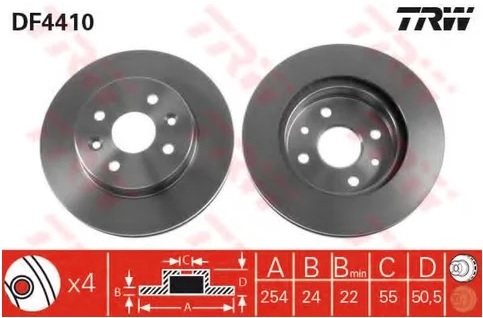 Диск тормозной передний Kia Rio TRW DF 4410, D=254 мм