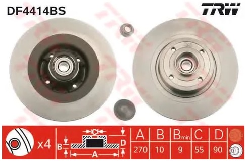 Диск тормозной задний Renault GRAND SCENIC, Megane, Scenic TRW DF 4414BS, D=270 мм