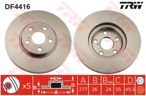 Диск тормозной передний Toyota Avensis TRW DF 4416, D=277 мм