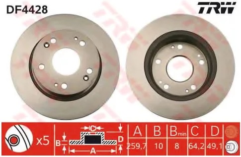 Диск тормозной задний Honda Accord TRW DF 4428, D=260 мм