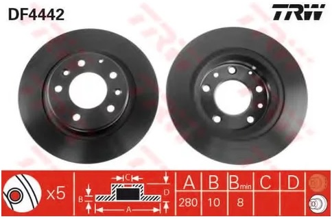 Диск тормозной задний Mazda 6, 626, MX-5, Premacy TRW DF 4442, D=280 мм