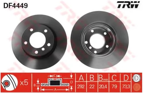 Диск тормозной передний BMW 1, 3 TRW DF 4449, D=292 мм